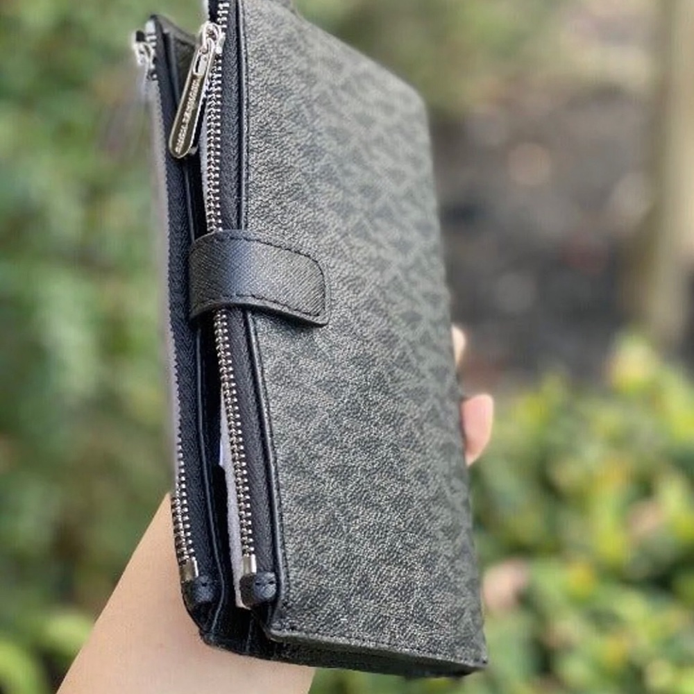 NEW 🎀 Michael Kors Wallet Double Zip black Mk Logo In Signature Estampad - Picture 2 of 3